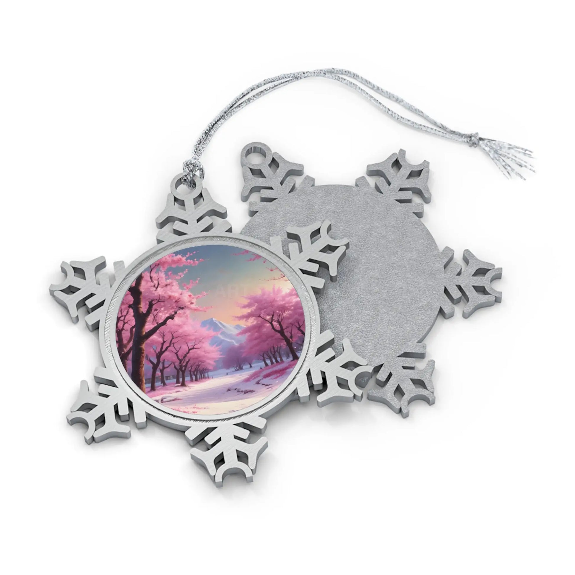 Pewter Snowflake Ornament – Winter Cherry Blossom Scenic Holiday Keepsake - Snowflake / One Size - Home Decor
