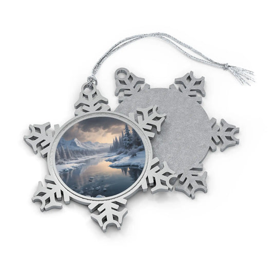 Pewter Snowflake Ornament – Winter Lake Scene Christmas Ornament - Snowflake / One Size - Home Decor
