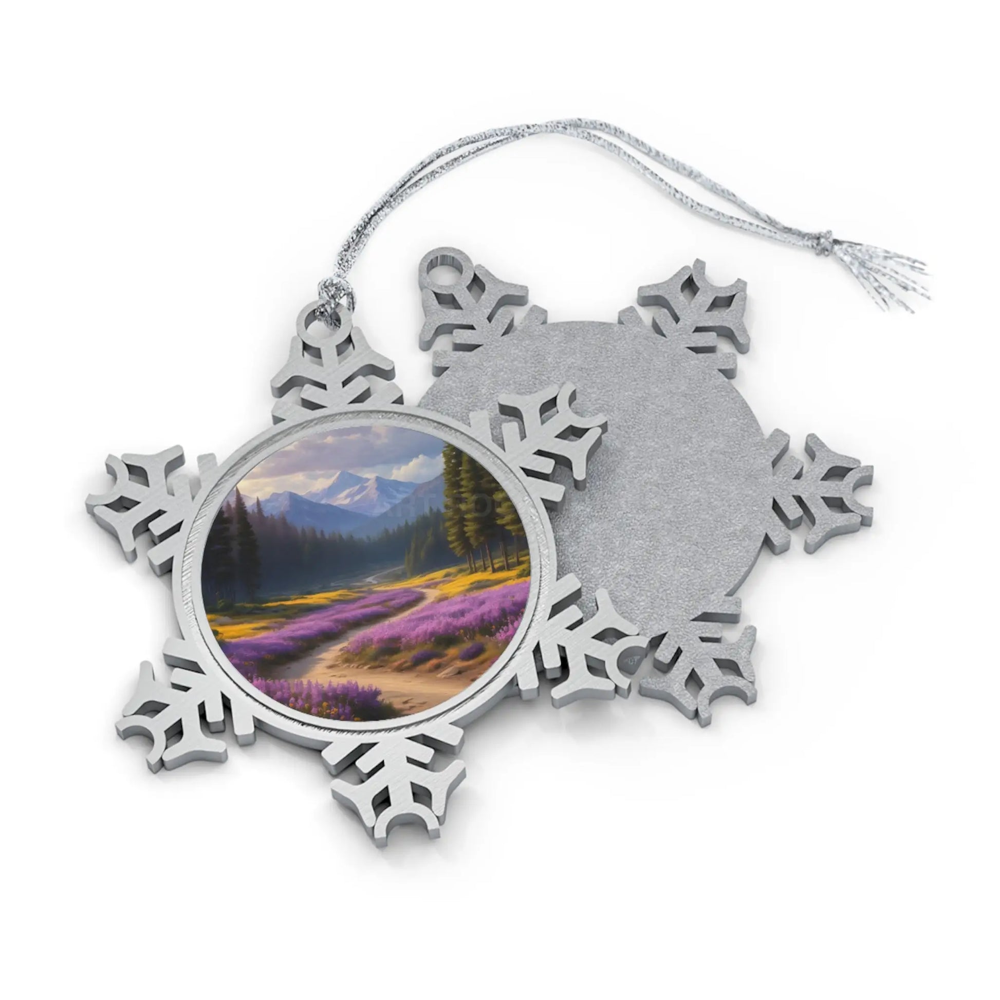 Pewter Snowflake Ornament with Mountain Meadow Photo — Holiday Keepsake - Snowflake / One Size - Home Decor
