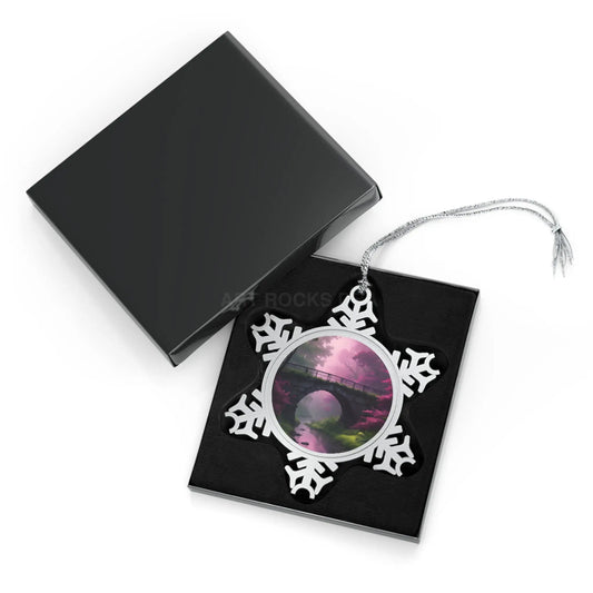 Pewter Snowflake Ornament with Pink Bridge Art – Holiday Tree Decoration Gift Boxed - Snowflake / One Size - Home Decor