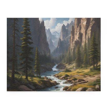 Pine Tree Covered Mountainous Valley Jigsaw Puzzle — 120/252/500 Piece - 14’’ × 11’’ (252 pcs) - Puzzle