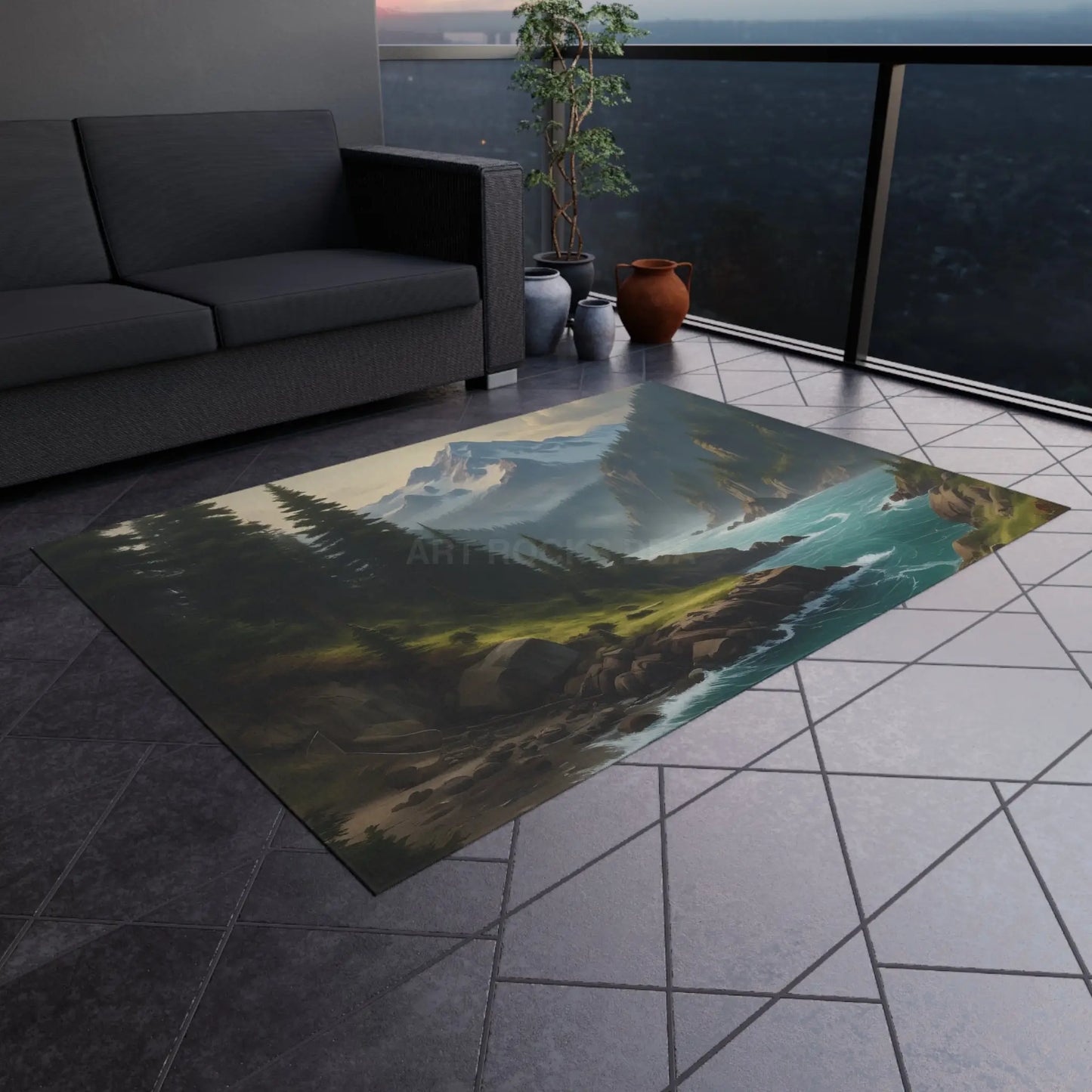 Pine Tree Surrounded River in The Mountains Outdoor Rug - Perfect for Patios Gardens Camping Beach Days Home Decor