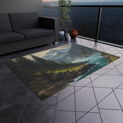 Pine Tree Surrounded River in The Mountains Outdoor Rug - Perfect for Patios Gardens Camping Beach Days Home Decor