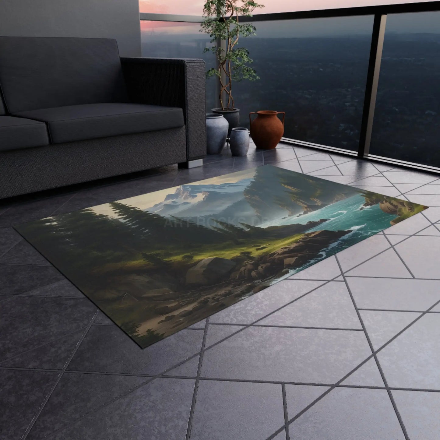 Pine Tree Surrounded River in The Mountains Outdoor Rug - Perfect for Patios Gardens Camping Beach Days Home Decor