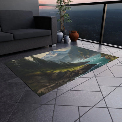 Pine Tree Surrounded River in The Mountains Outdoor Rug - Perfect for Patios Gardens Camping Beach Days Home Decor