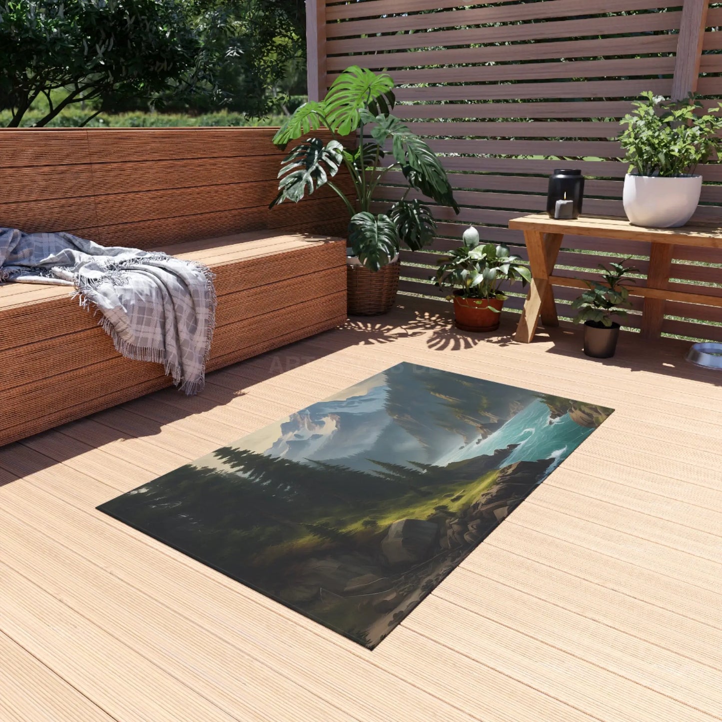 Pine Tree Surrounded River in The Mountains Outdoor Rug - Perfect for Patios Gardens Camping Beach Days Home Decor