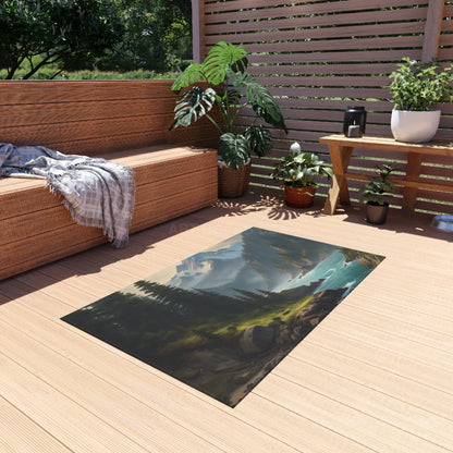 Pine Tree Surrounded River in The Mountains Outdoor Rug - Perfect for Patios Gardens Camping Beach Days Home Decor