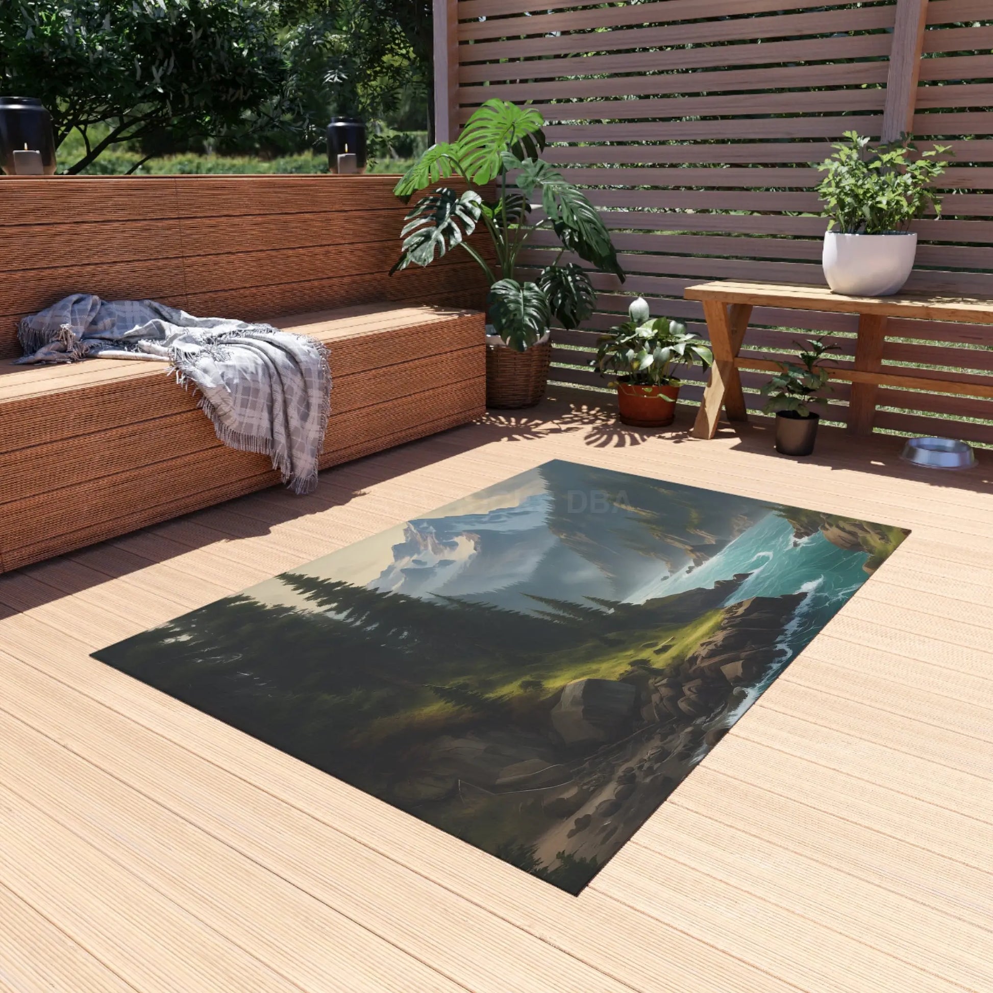 Pine Tree Surrounded River in The Mountains Outdoor Rug - Perfect for Patios Gardens Camping Beach Days Home Decor