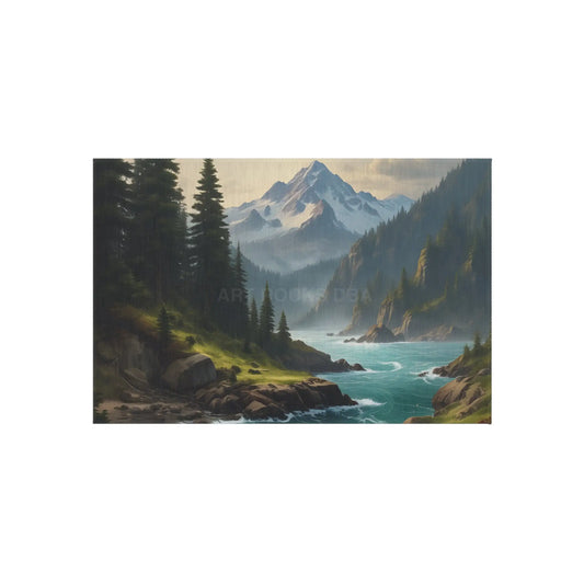 Pine Tree Surrounded River in The Mountains Outdoor Rug - Perfect for Patios Gardens Camping Beach Days Home Decor