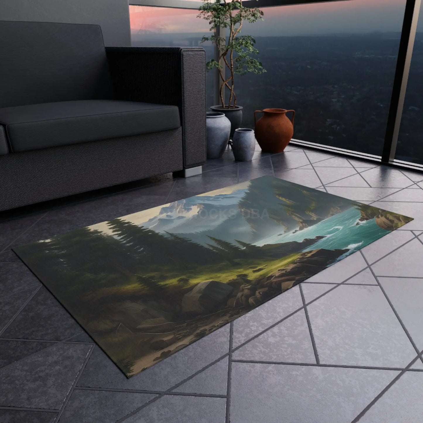 Pine Tree Surrounded River in The Mountains Outdoor Rug - Perfect for Patios Gardens Camping Beach Days Home Decor