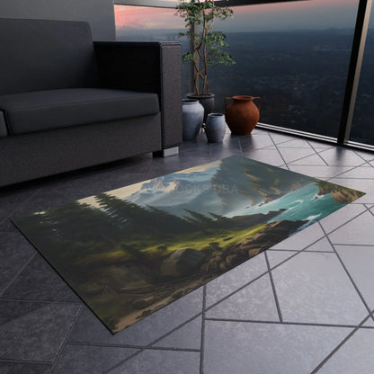 Pine Tree Surrounded River in The Mountains Outdoor Rug - Perfect for Patios Gardens Camping Beach Days Home Decor