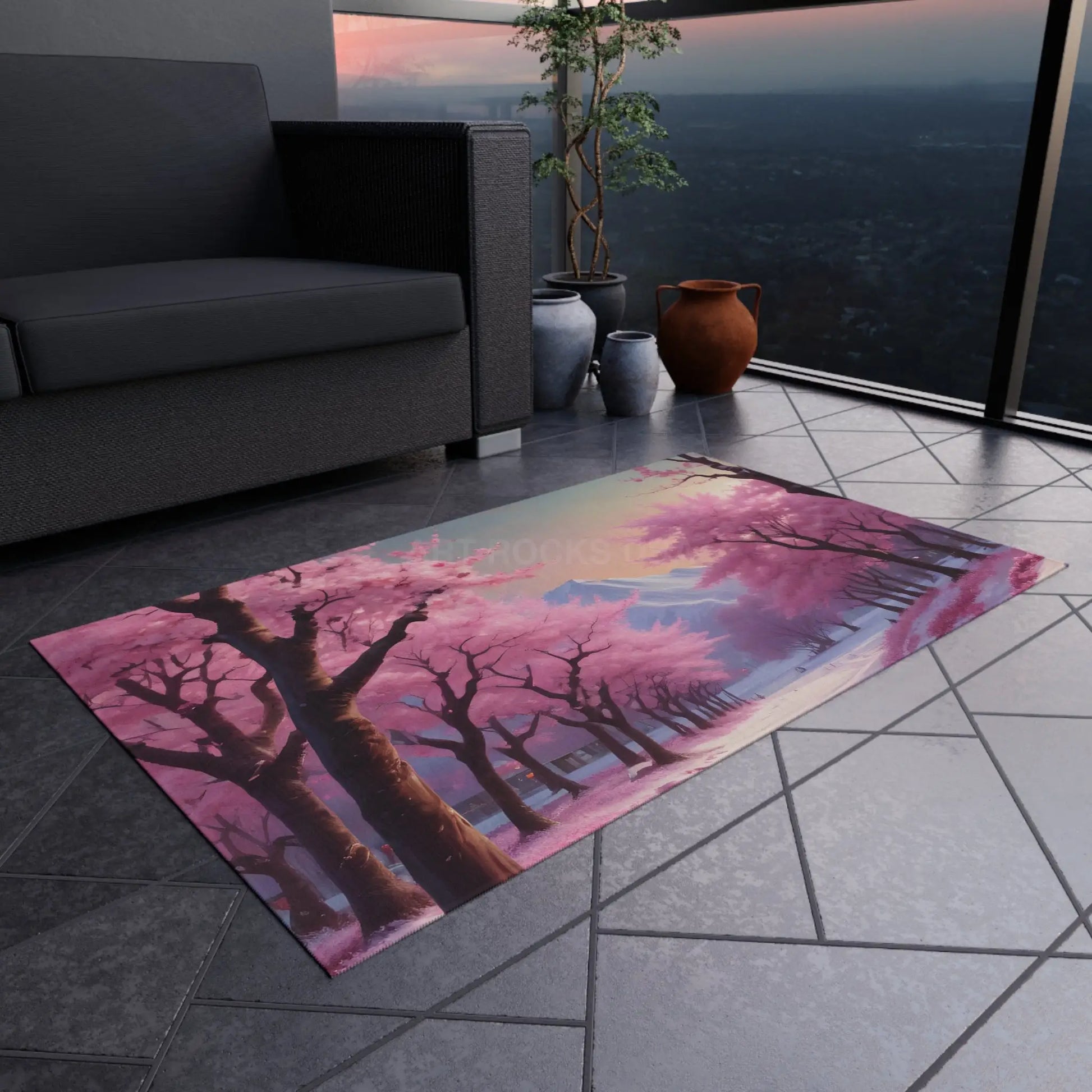 Pink Cherry Blossom Trees in the Snow Outdoor Rug Garden Decor Patio Area Rug Spring Home Decor - Home Decor