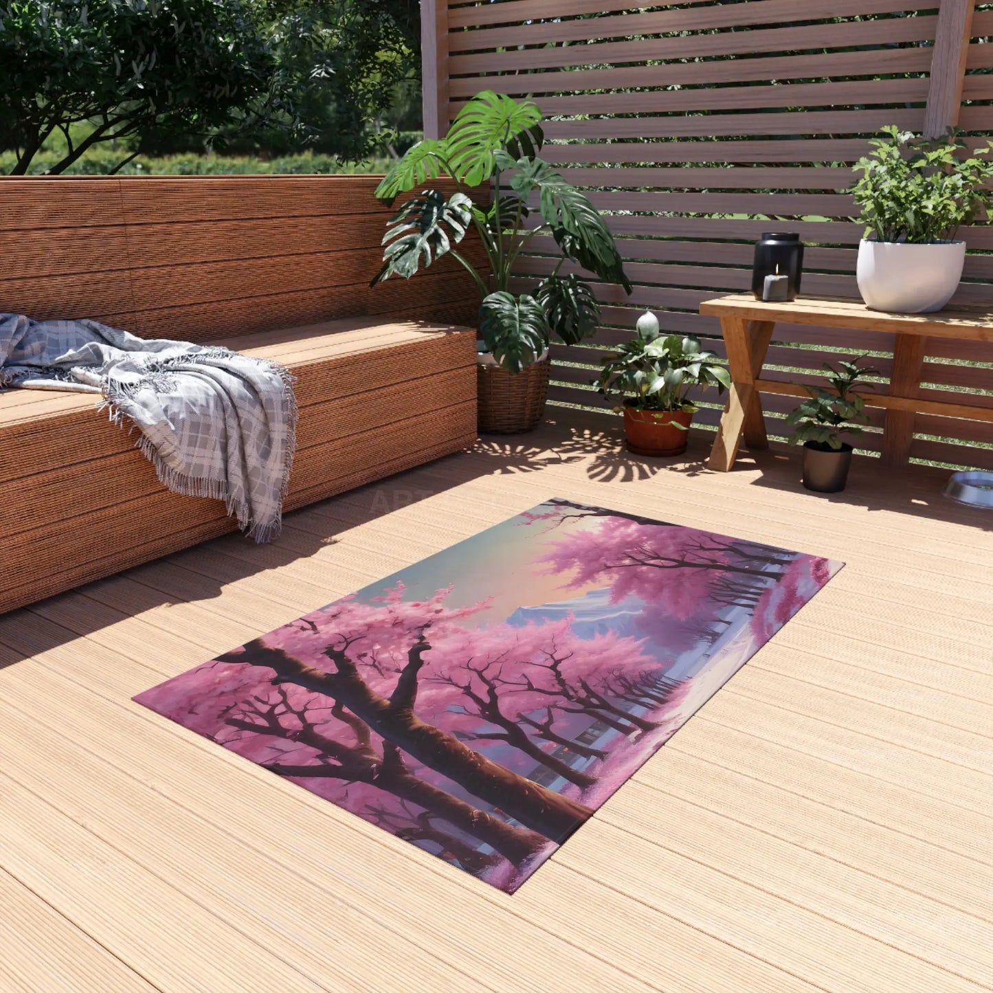 Pink Cherry Blossom Trees in the Snow Outdoor Rug Garden Decor Patio Area Rug Spring Home Decor - Home Decor