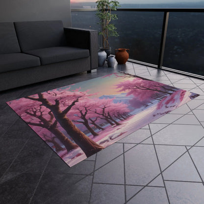 Pink Cherry Blossom Trees in the Snow Outdoor Rug Garden Decor Patio Area Rug Spring Home Decor - Home Decor