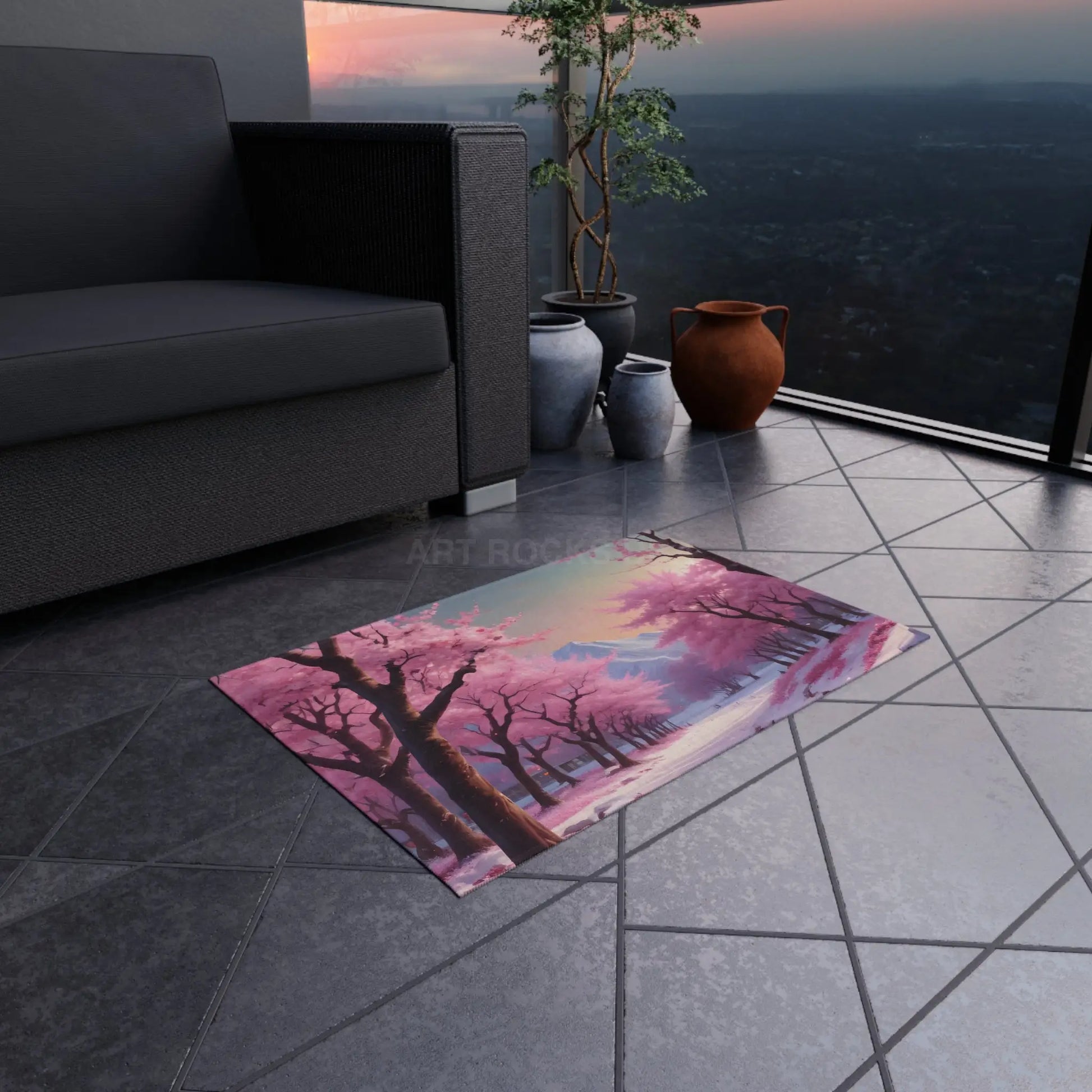 Pink Cherry Blossom Trees in the Snow Outdoor Rug Garden Decor Patio Area Rug Spring Home Decor - Home Decor