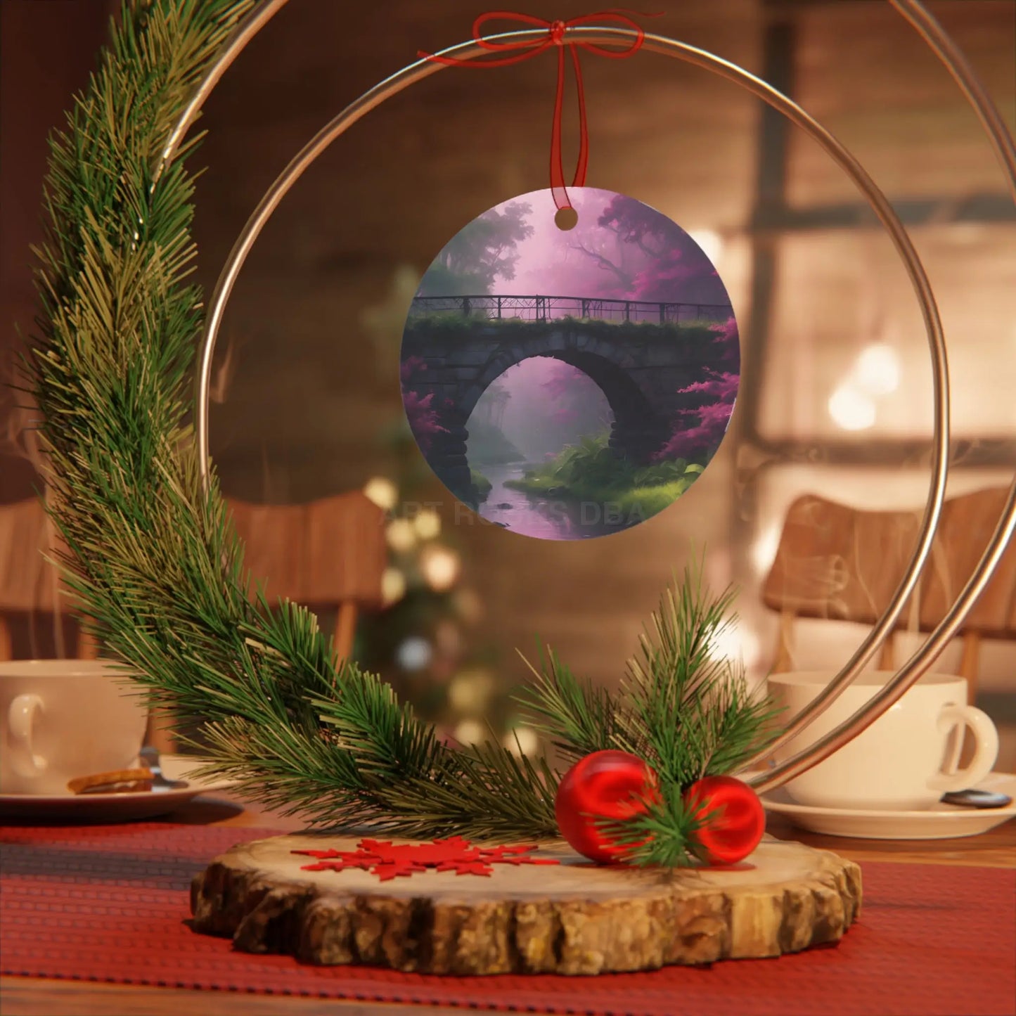Pink Fantasy Bridge Metal Ornament – Enchanted Forest Holiday Decoration - Round / One Size - Home Decor
