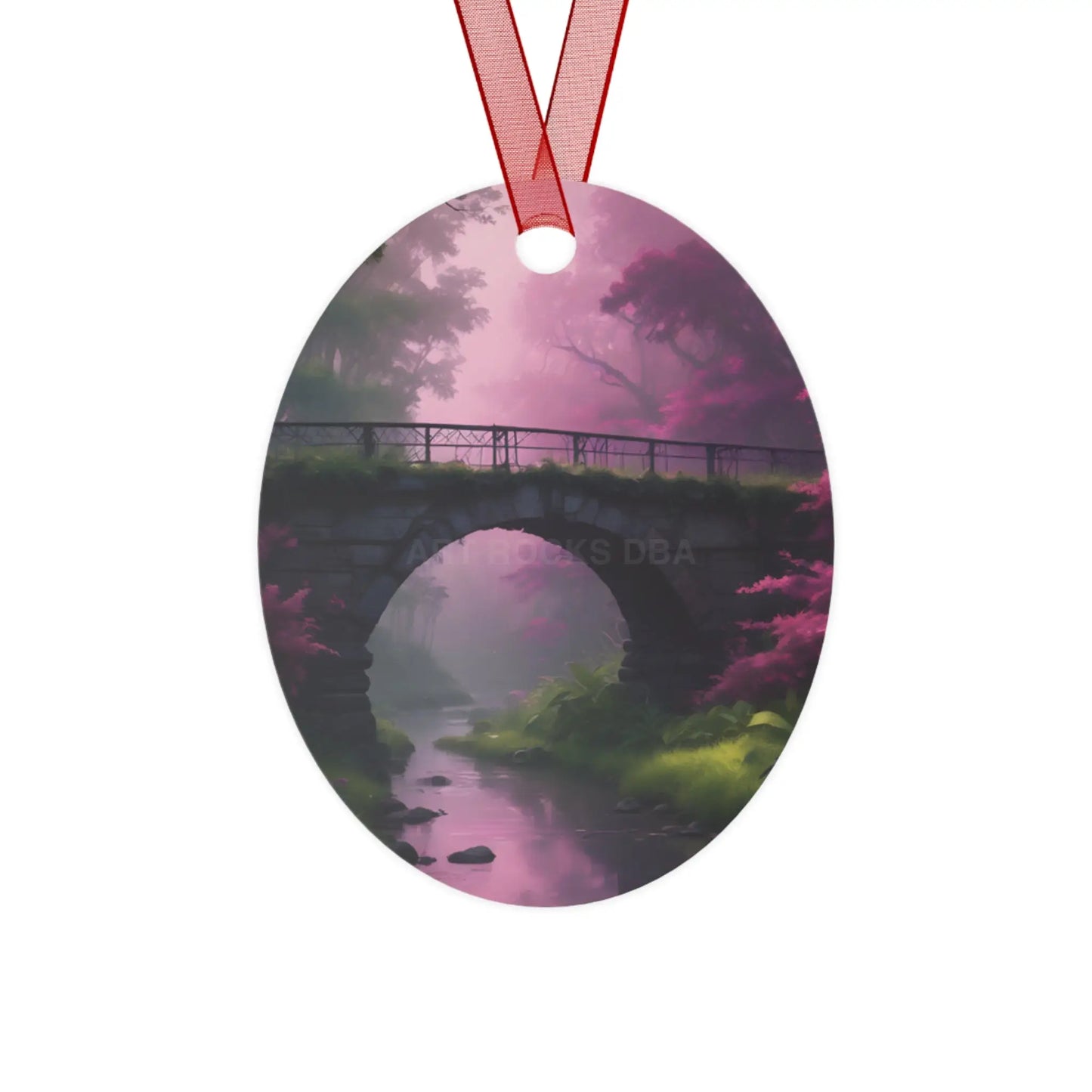 Pink Fantasy Bridge Metal Ornament – Enchanted Forest Holiday Decoration - Oval / One Size - Home Decor