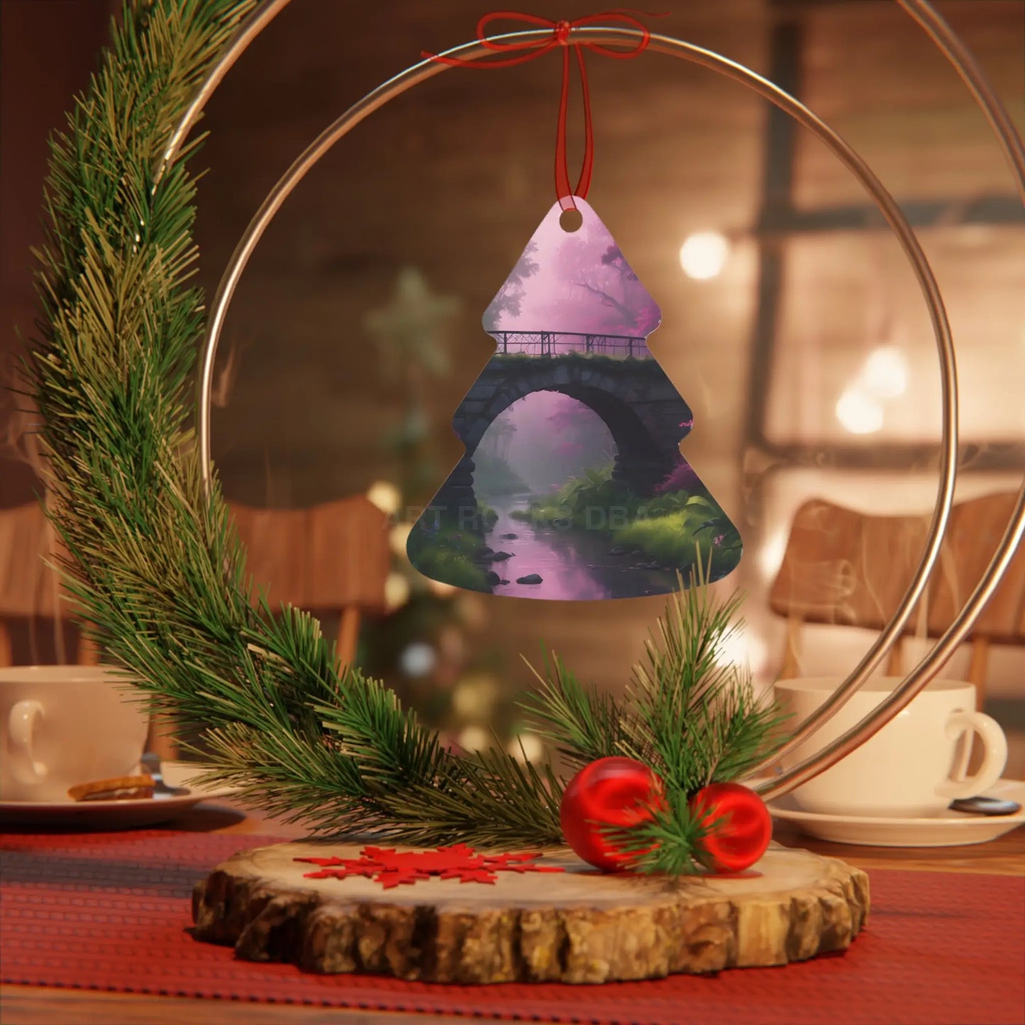 Pink Fantasy Bridge Metal Ornament – Enchanted Forest Holiday Decoration - Home Decor