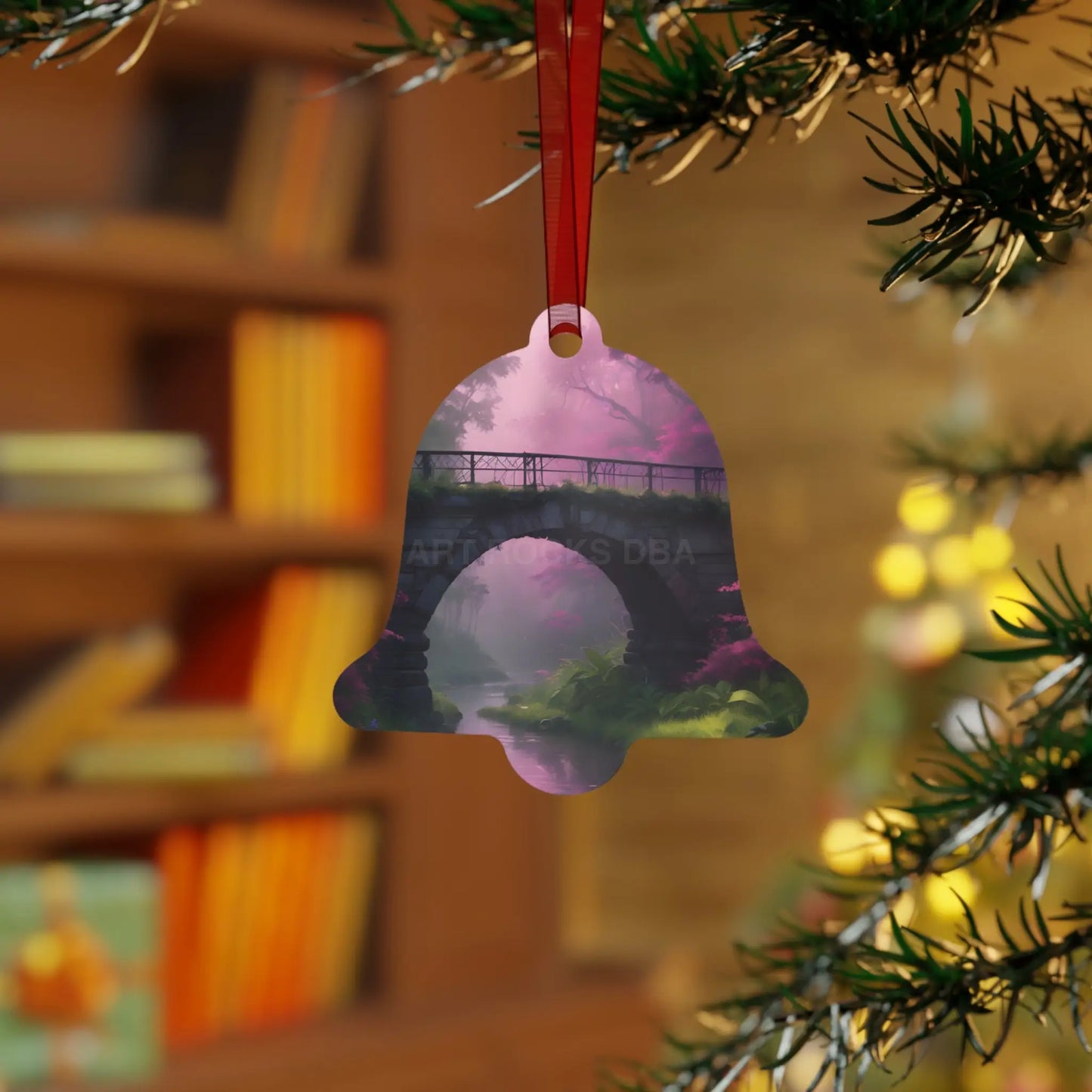 Pink Fantasy Bridge Metal Ornament – Enchanted Forest Holiday Decoration - Home Decor