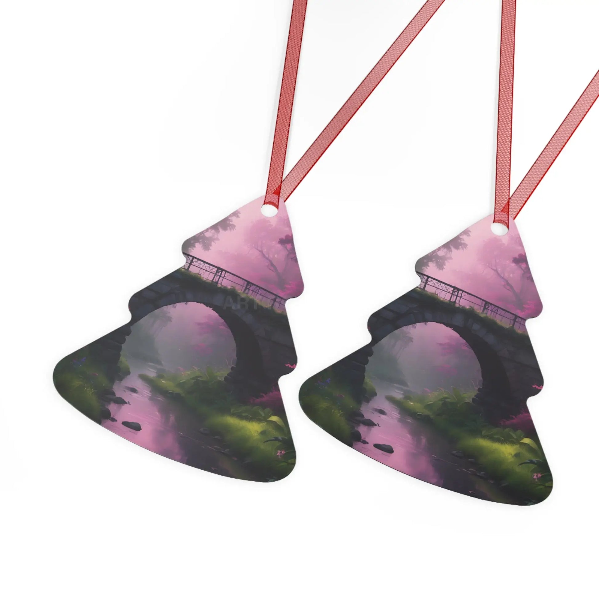 Pink Fantasy Bridge Metal Ornament – Enchanted Forest Holiday Decoration - Home Decor