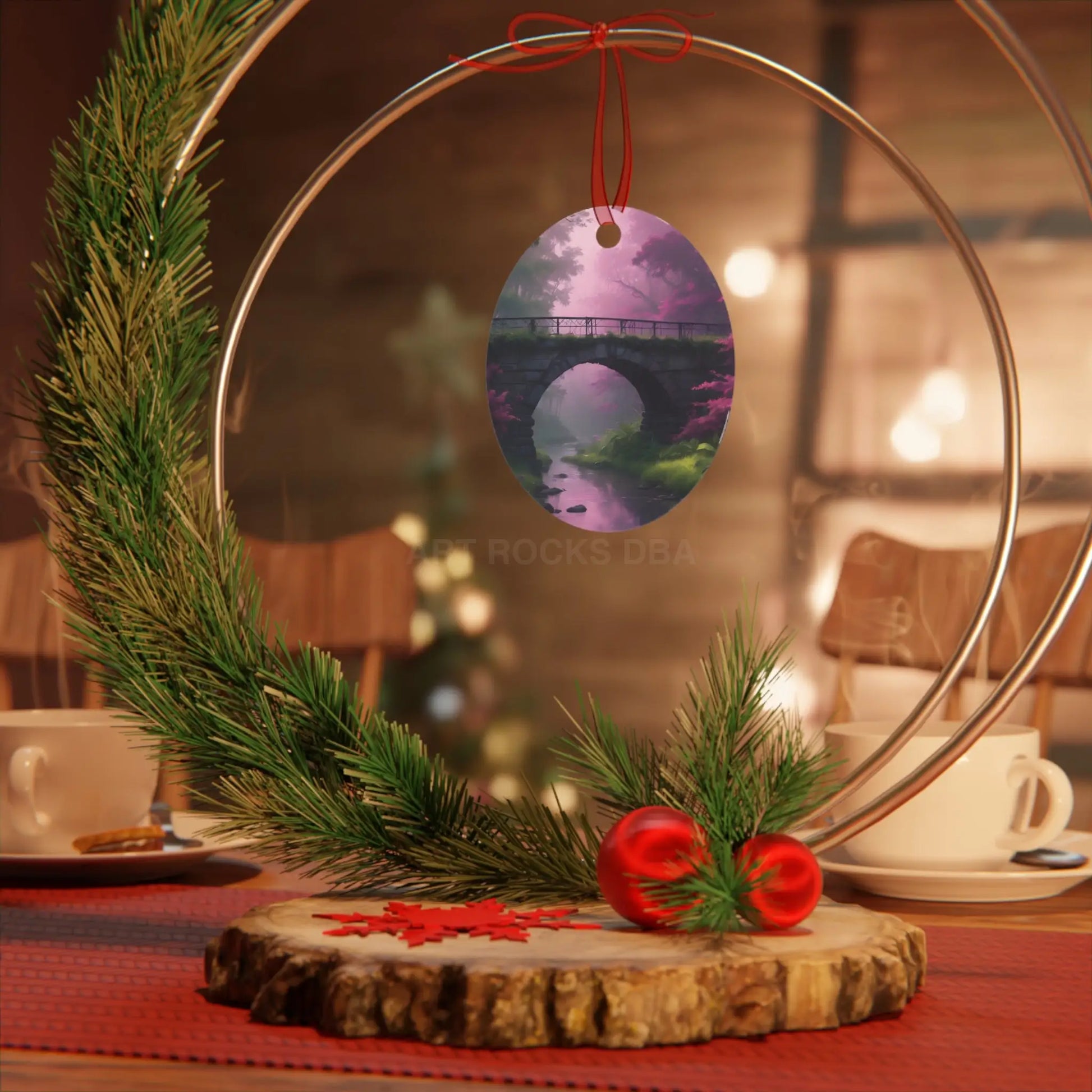 Pink Fantasy Bridge Metal Ornament – Enchanted Forest Holiday Decoration - Home Decor