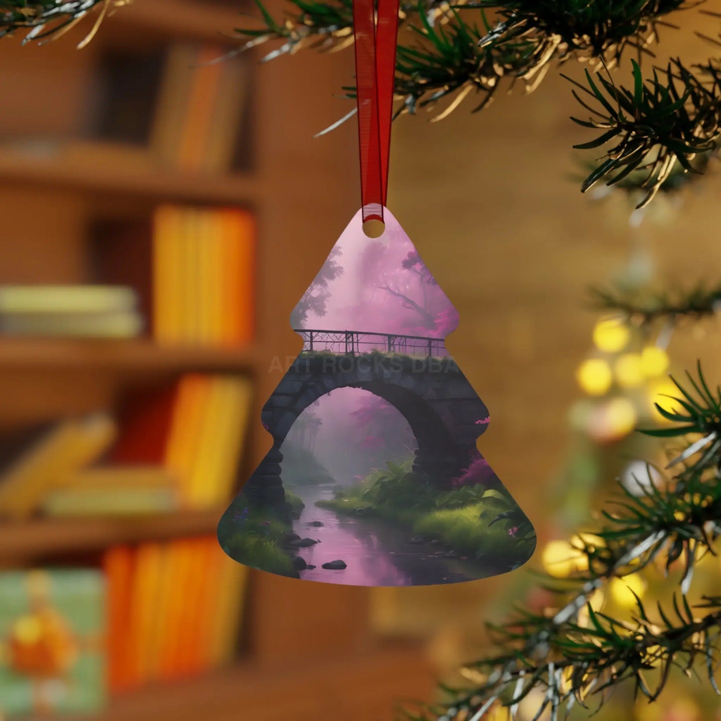 Pink Fantasy Bridge Metal Ornament – Enchanted Forest Holiday Decoration - Home Decor