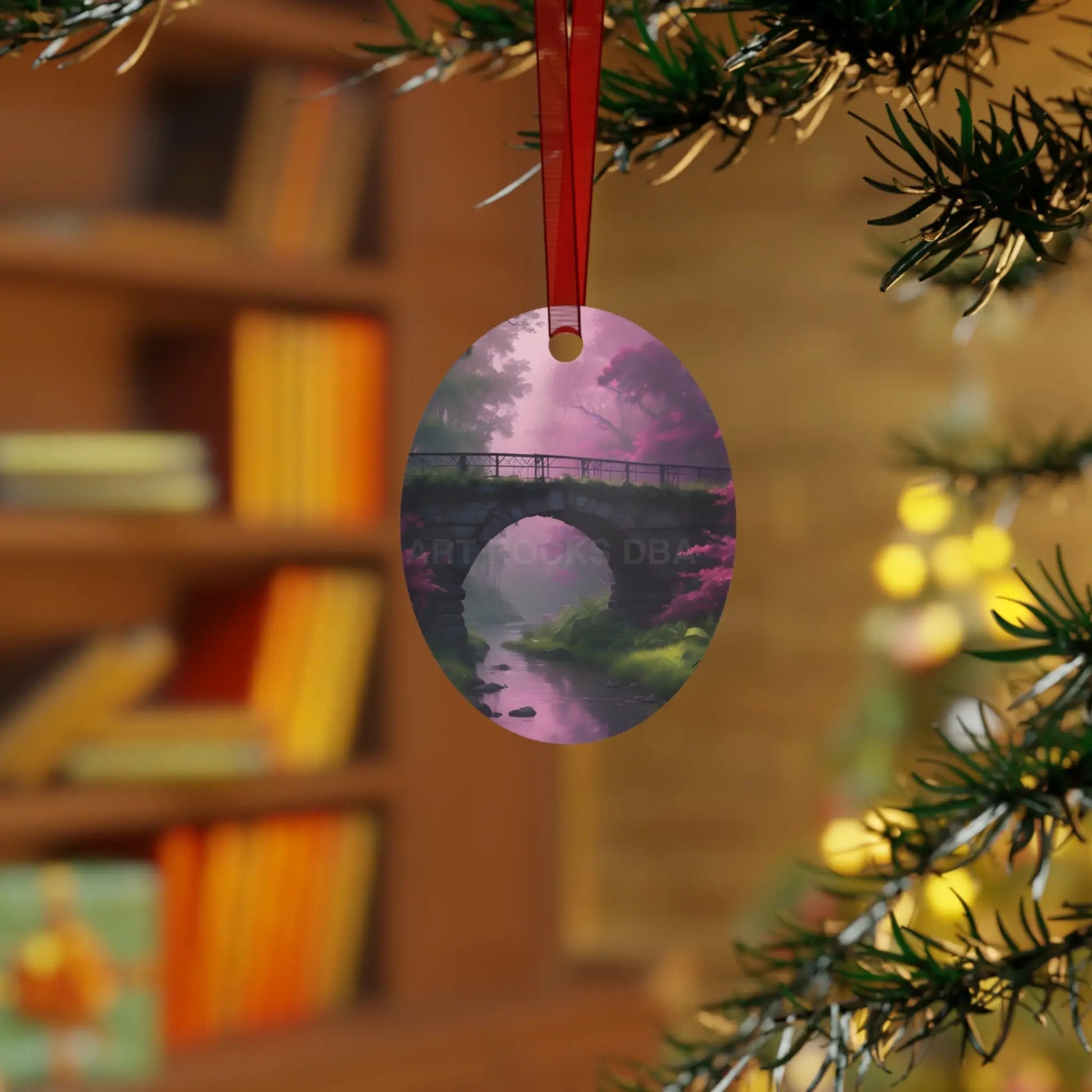 Pink Fantasy Bridge Metal Ornament – Enchanted Forest Holiday Decoration - Home Decor