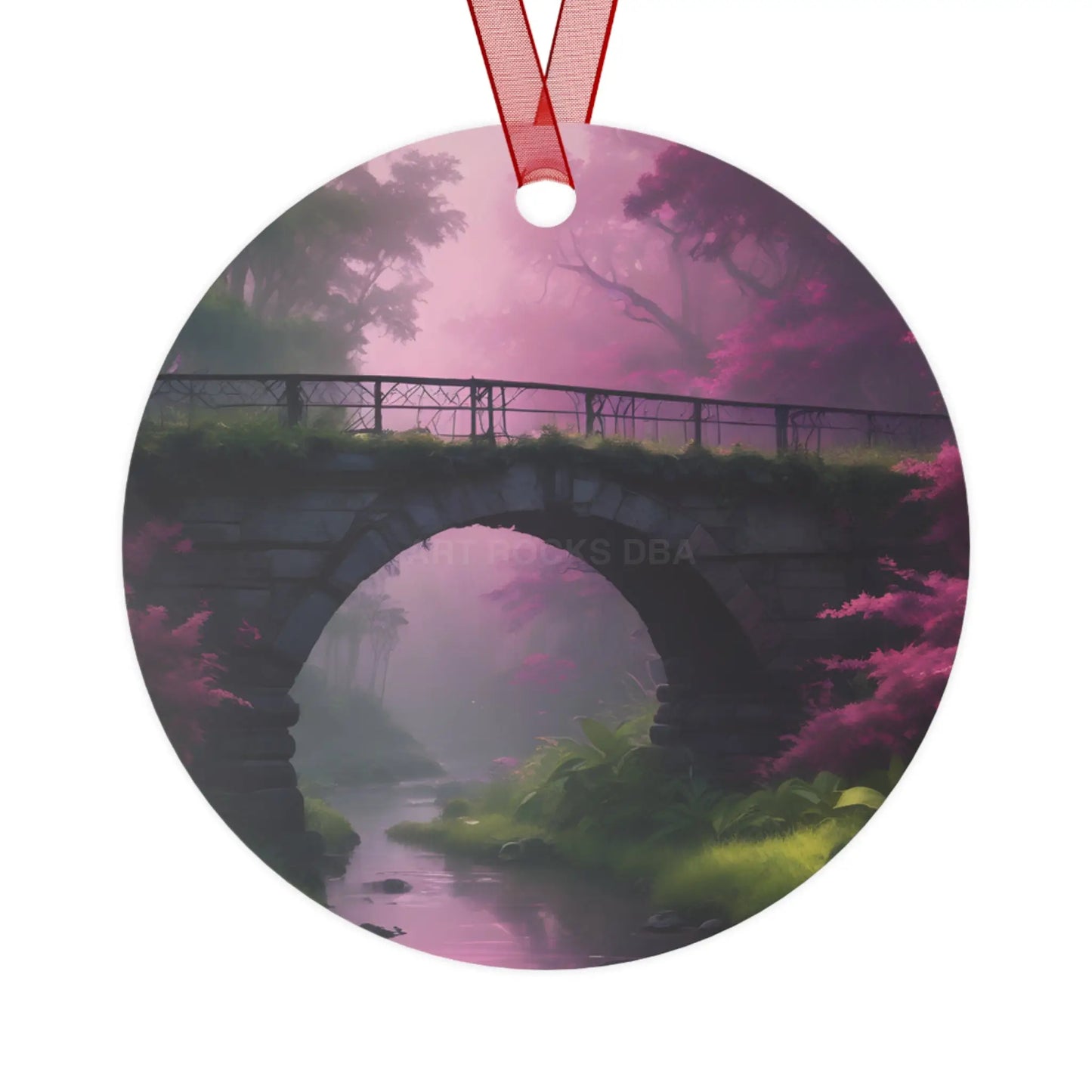 Pink Fantasy Bridge Metal Ornament – Enchanted Forest Holiday Decoration - Home Decor