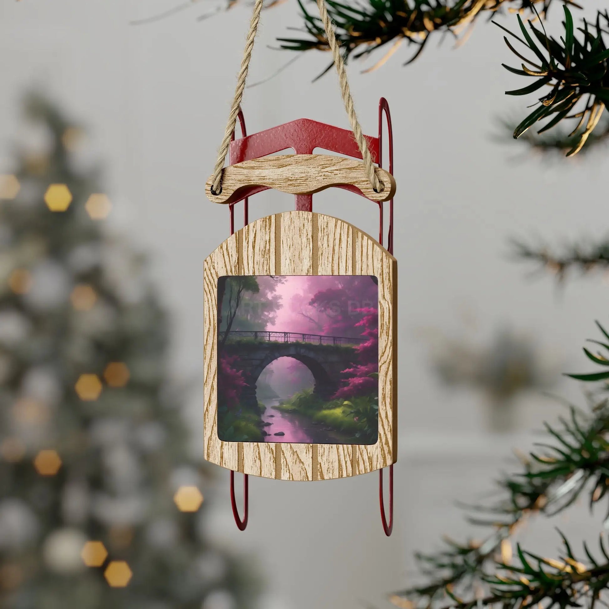 Pink Mystical Forest Bridge Sled Ornament — Fantasy Holiday Decor - 2.1’’ × 4.6’’ / 1 pc - Home Decor