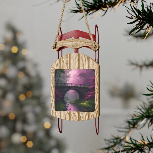 Pink Mystical Forest Bridge Sled Ornament — Fantasy Holiday Decor - 2.1’’ × 4.6’’ / 1 pc - Home Decor