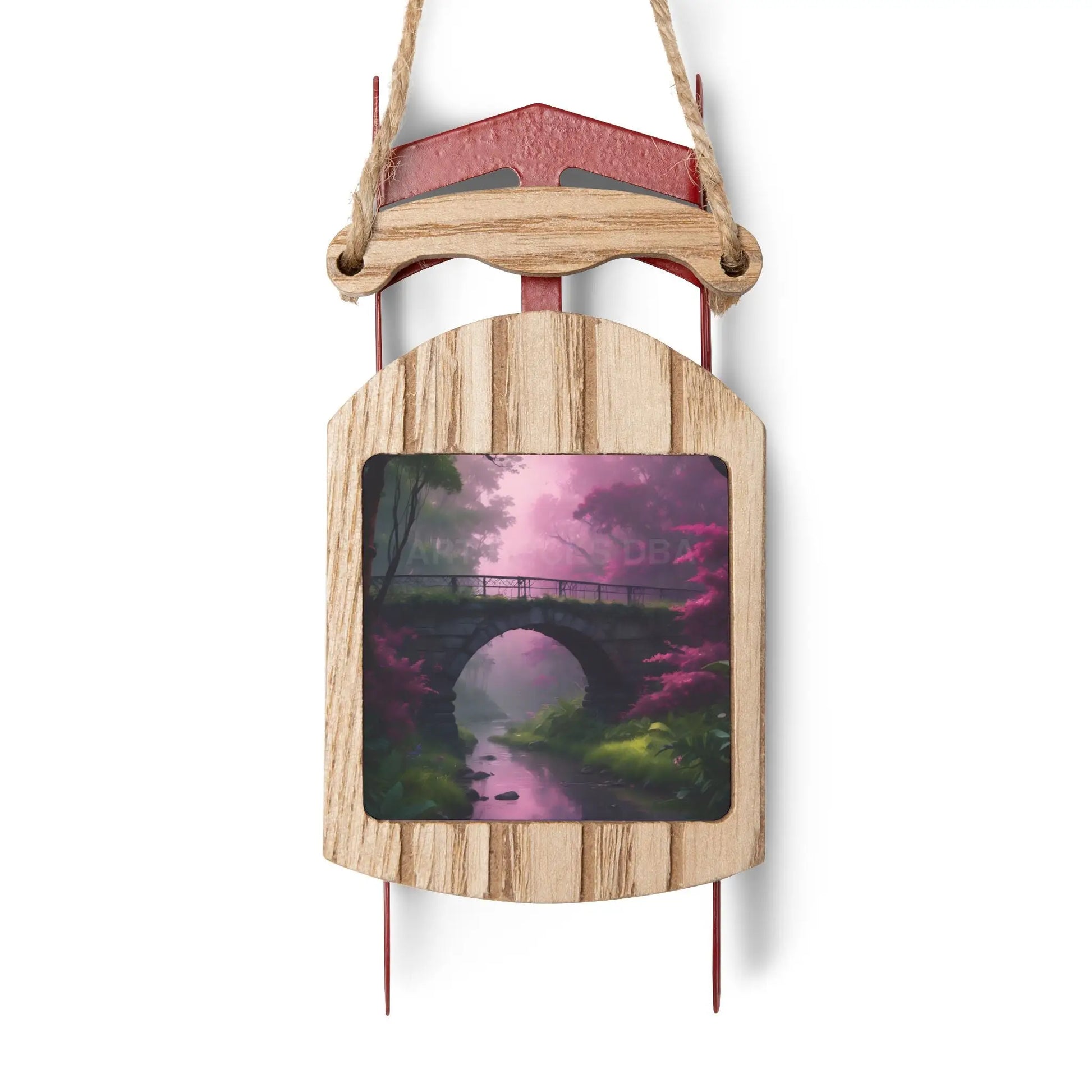 Pink Mystical Forest Bridge Sled Ornament — Fantasy Holiday Decor - 2.1’’ × 4.6’’ / 1 pc - Home Decor
