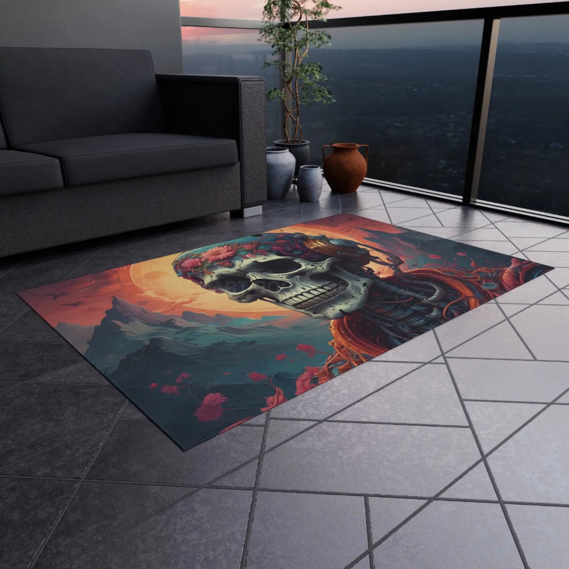 Psychedelic Skull Outdoor Rug - Bohemian Decor Patio Mat Festival Vibe Garden Area Rug Creative Home Accent - Home Decor