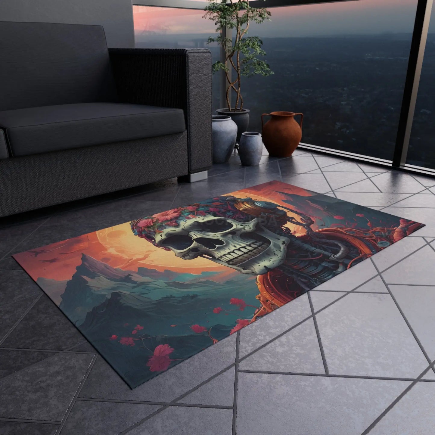 Psychedelic Skull Outdoor Rug - Bohemian Decor Patio Mat Festival Vibe Garden Area Rug Creative Home Accent - Home Decor