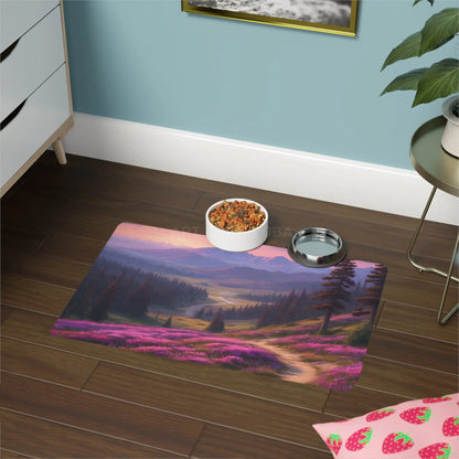 Purple Floral Mountain Trail Pet Food Mat — 12x18 Non-Slip Feeding Mat - 12’’ × 18’’ / Rectangle - Pets