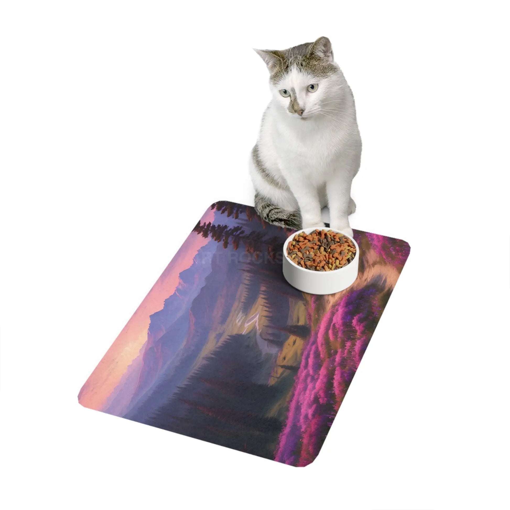 Purple Floral Mountain Trail Pet Food Mat — 12x18 Non-Slip Feeding Mat - 12’’ × 18’’ / Rectangle - Pets
