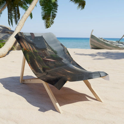 Rainy Cobblestone Street Beach Towel — Vintage European Village Scene - Home Decor