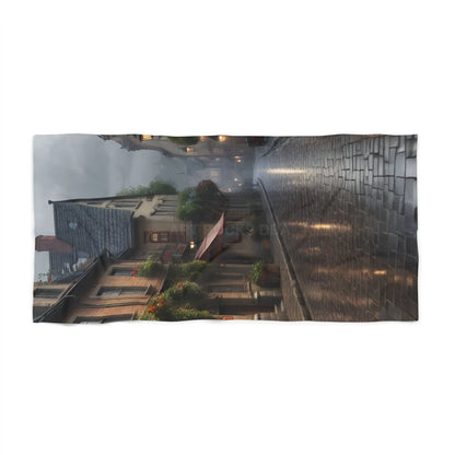 Rainy Cobblestone Street Beach Towel — Vintage European Village Scene - 30’’ × 60’’ - Home Decor