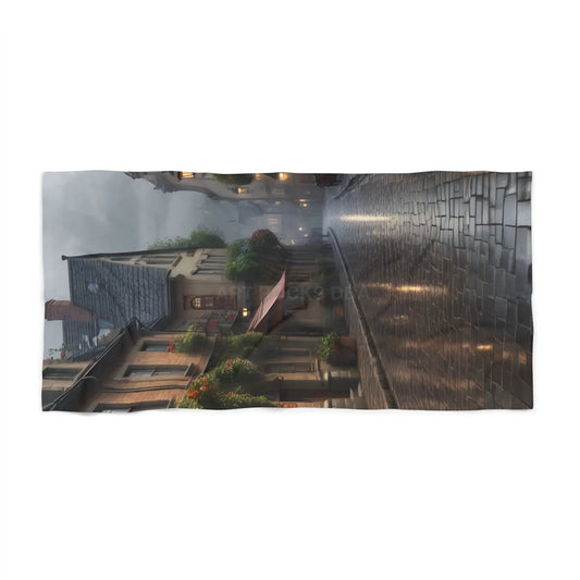 Rainy Cobblestone Street Beach Towel — Vintage European Village Scene - 30’’ × 60’’ - Home Decor