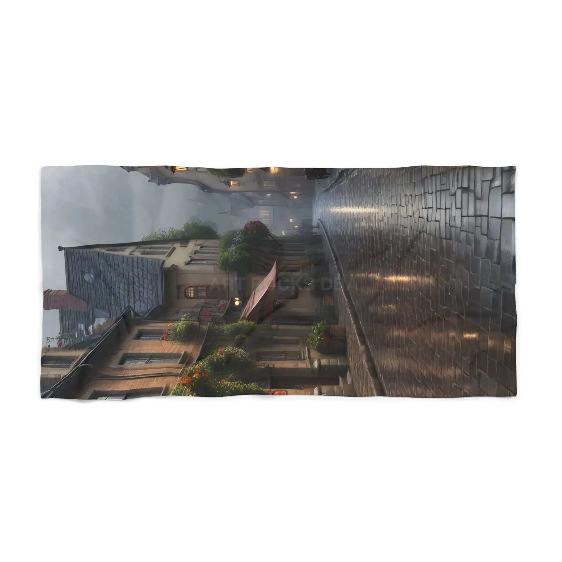 Rainy Cobblestone Street Beach Towel — Vintage European Village Scene - Home Decor