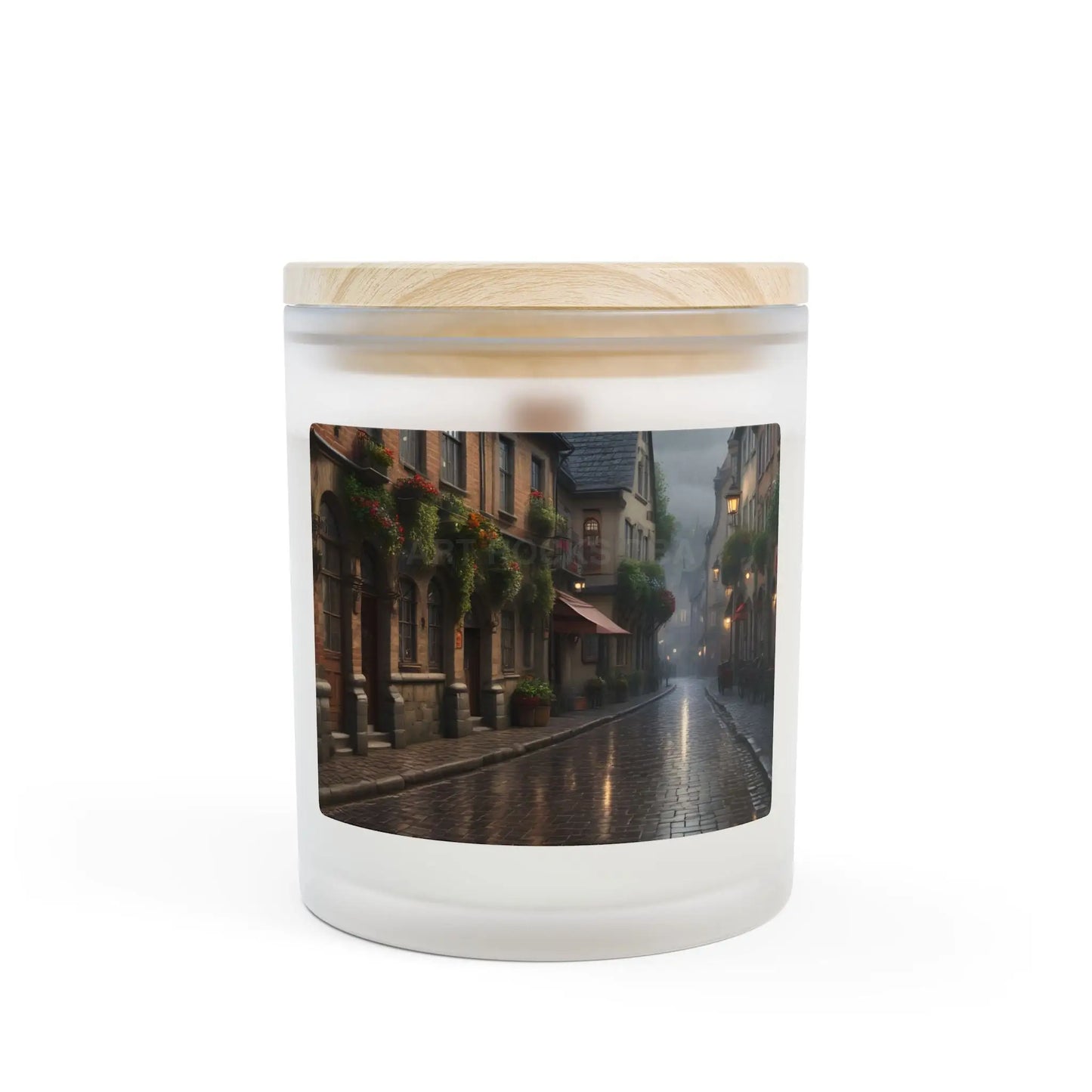 Rainy Cobblestone Street Frosted Glass Candle 11oz - Home Decor