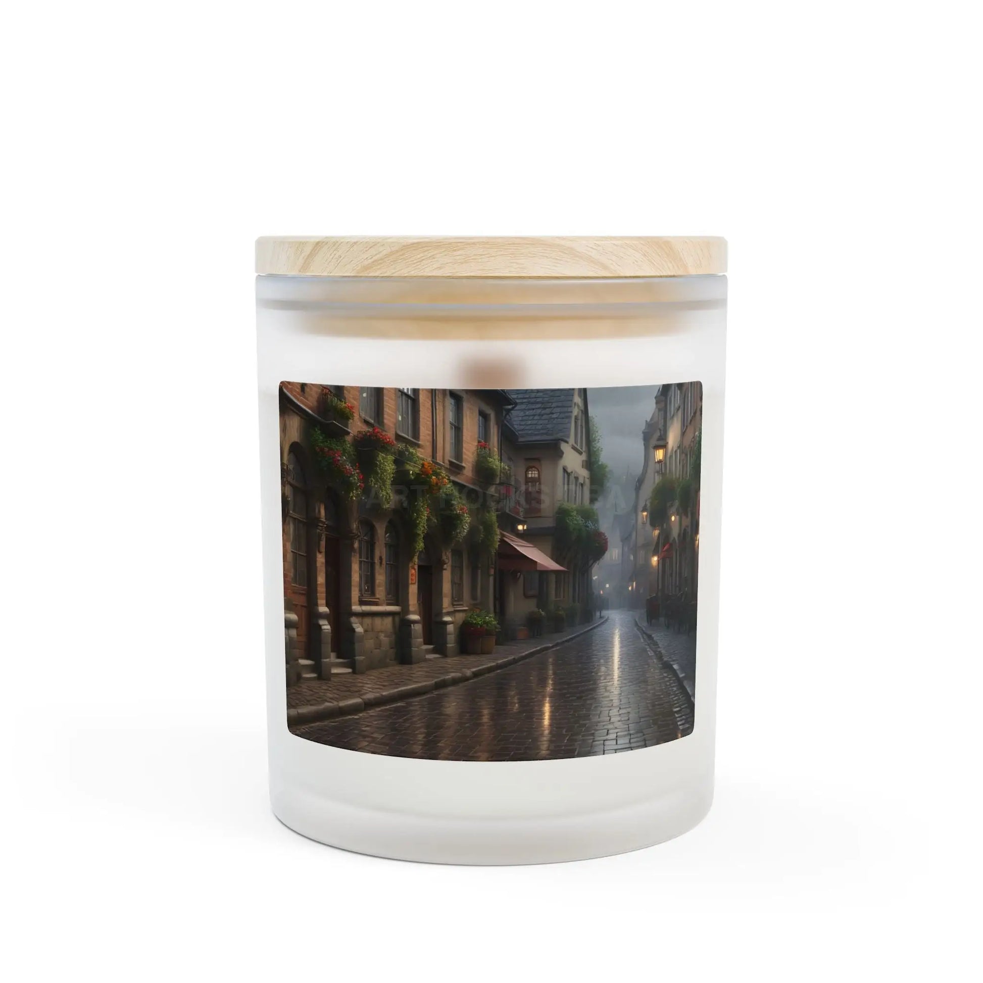 Rainy Cobblestone Street Frosted Glass Candle 11oz - Home Decor