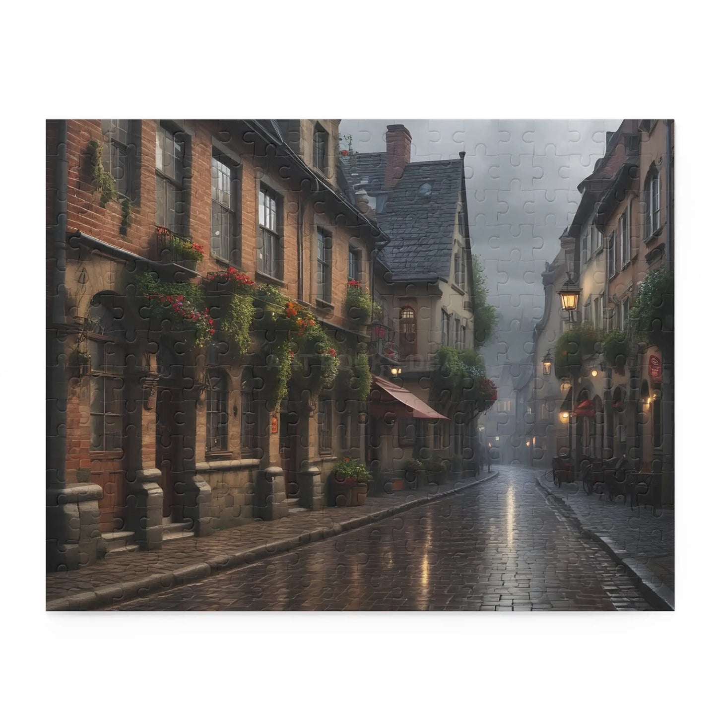 Rainy Cobblestone Street Puzzle — 120/252/500 Piece - 14’’ × 11’’ (252 pcs) - Puzzle