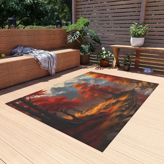 Red and Orange Autumn Landscape Outdoor Rug Nature Decor Garden Mat Patio Rug Fall Vibes Outdoor Living - 60’’ × 84’’