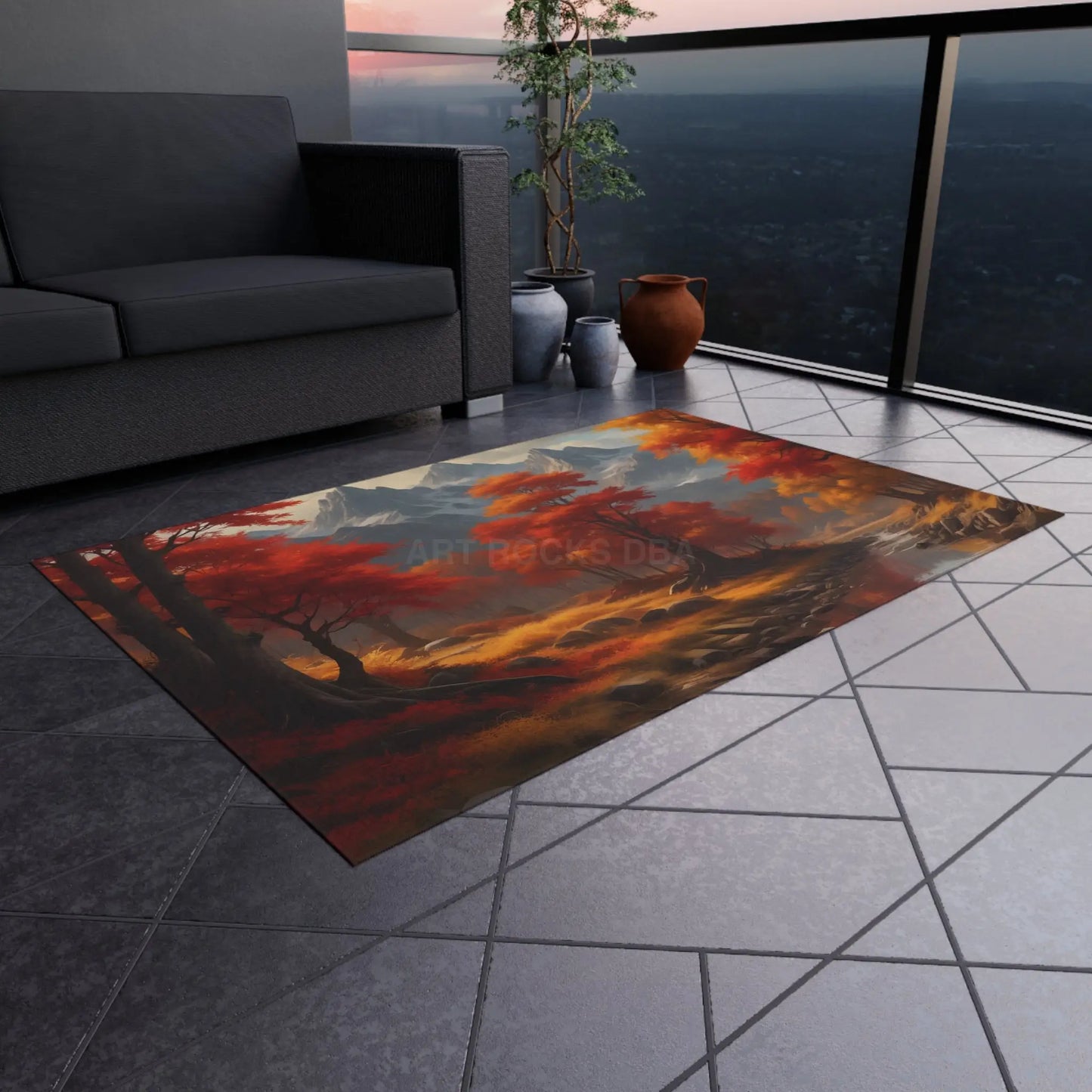 Red and Orange Autumn Landscape Outdoor Rug Nature Decor Garden Mat Patio Rug Fall Vibes Outdoor Living - Home Decor