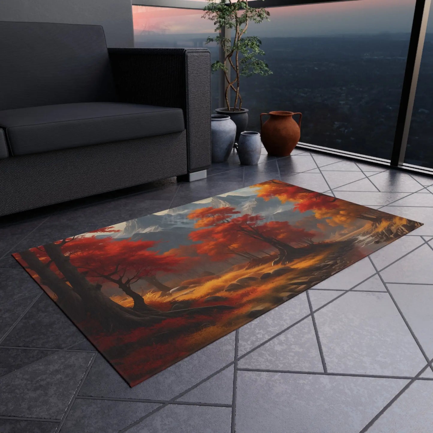 Red and Orange Autumn Landscape Outdoor Rug Nature Decor Garden Mat Patio Rug Fall Vibes Outdoor Living - Home Decor