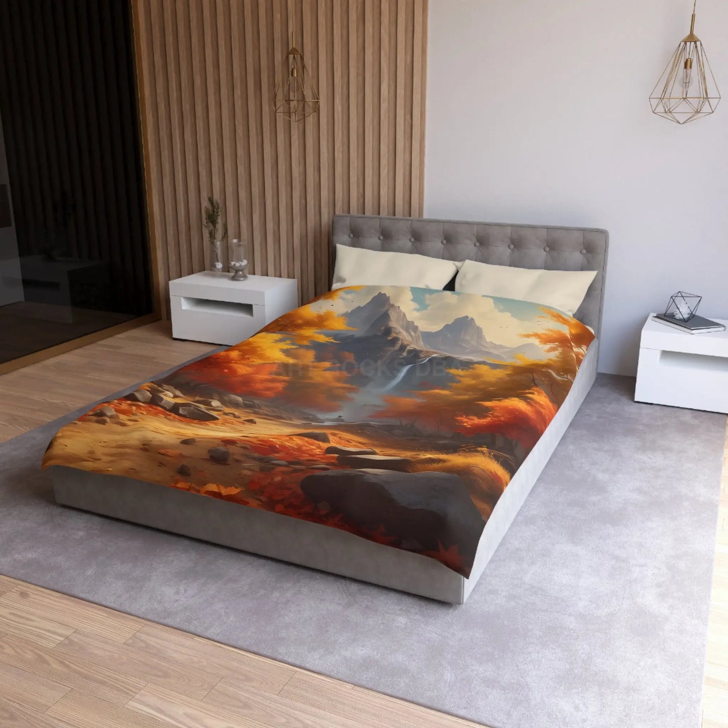 Red and Orange Autumn Leaves Landscape Duvet Cover | Cozy Fall Decor Seasonal Bedroom Update Nature-Inspired Bedding
