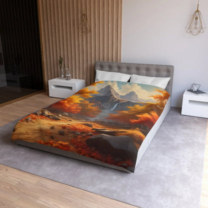 Red and Orange Autumn Leaves Landscape Duvet Cover | Cozy Fall Decor Seasonal Bedroom Update Nature-Inspired Bedding