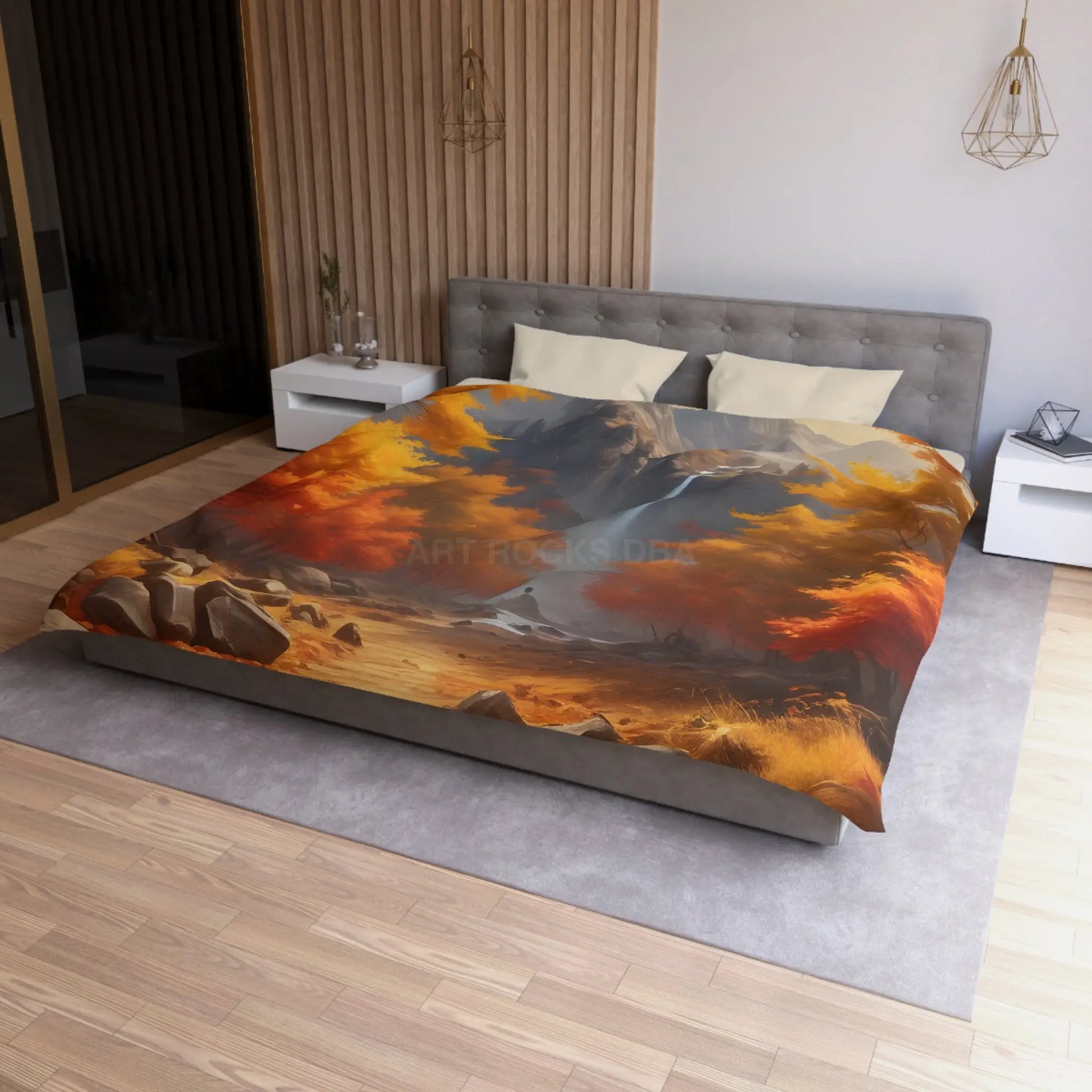 Red and Orange Autumn Leaves Landscape Duvet Cover | Cozy Fall Decor Seasonal Bedroom Update Nature-Inspired Bedding