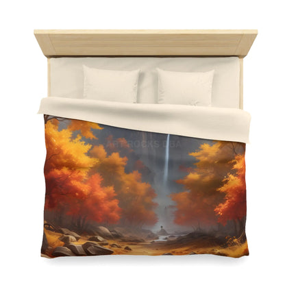 Red and Orange Autumn Leaves Landscape Duvet Cover | Cozy Fall Decor Seasonal Bedroom Update Nature-Inspired Bedding