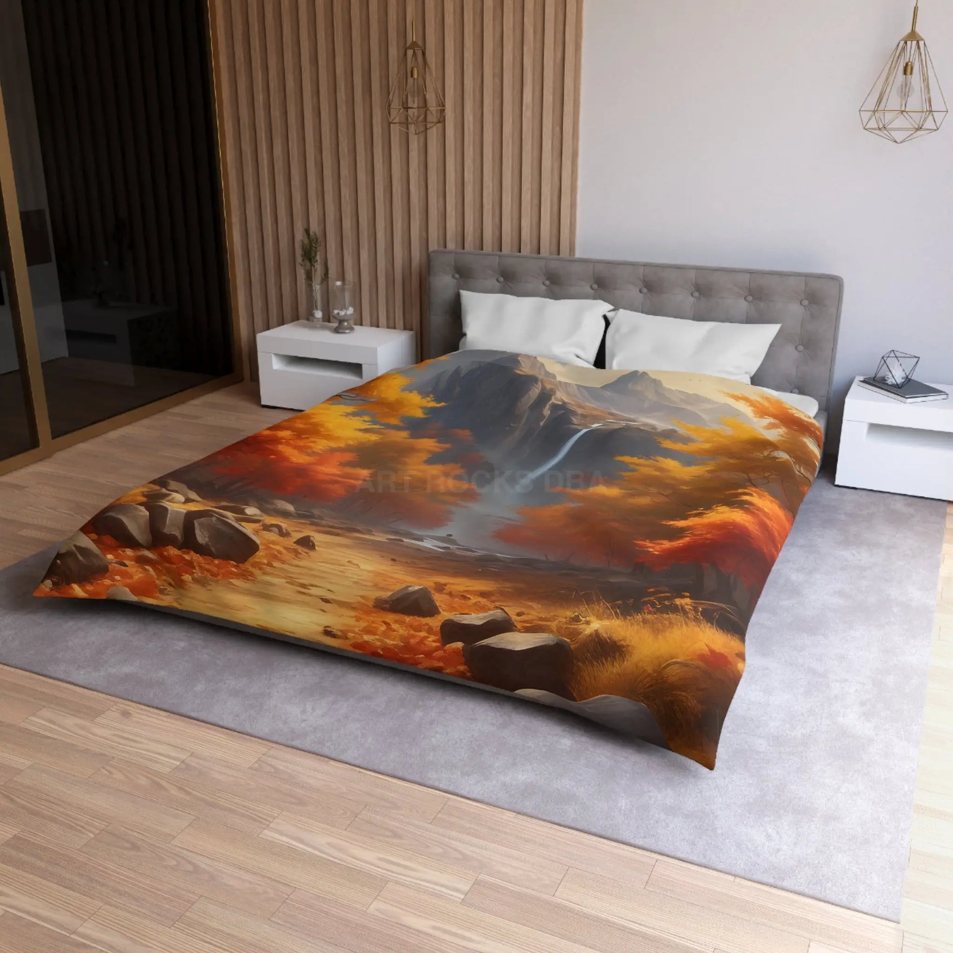 Red and Orange Autumn Leaves Landscape Duvet Cover | Cozy Fall Decor Seasonal Bedroom Update Nature-Inspired Bedding